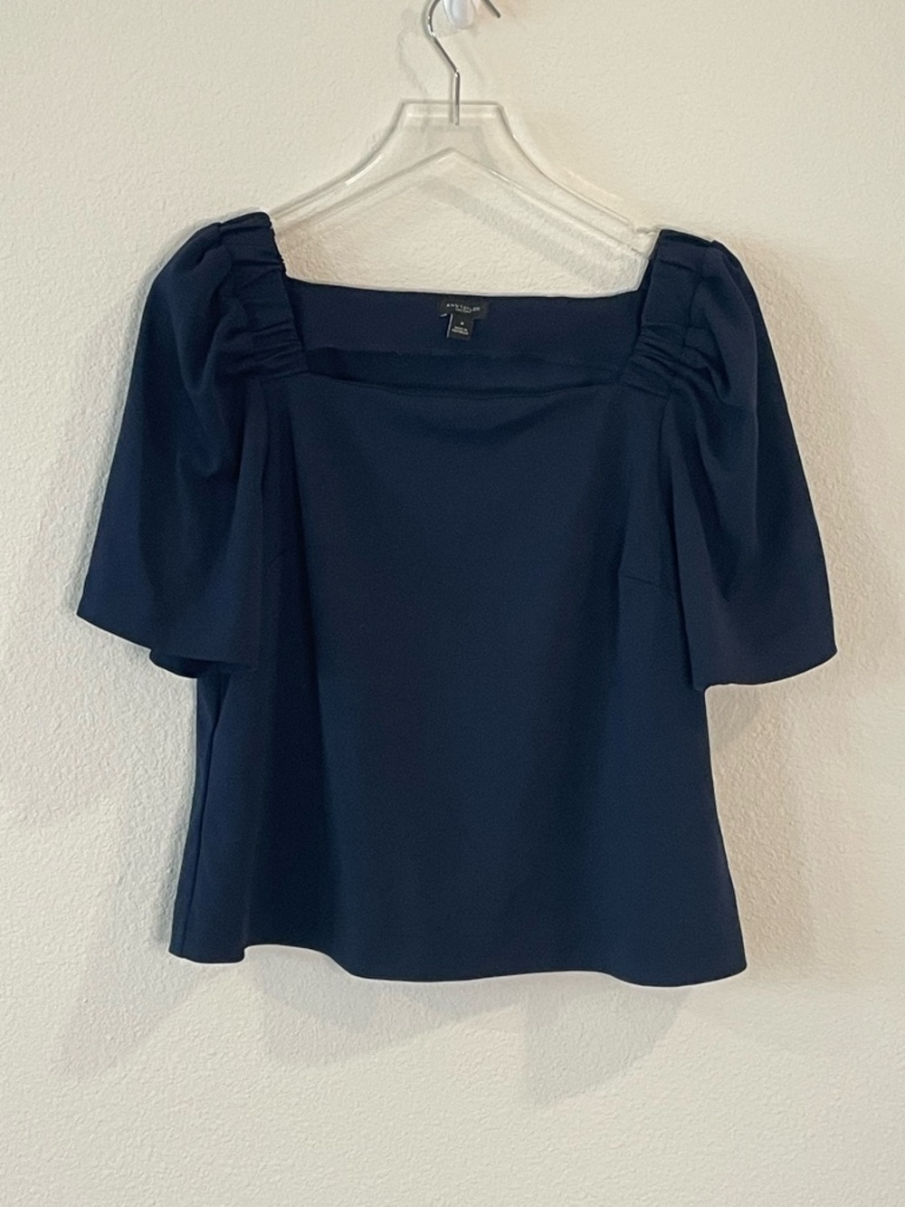 Ann Taylor Navy Square-Neck Puff Sleeve Top